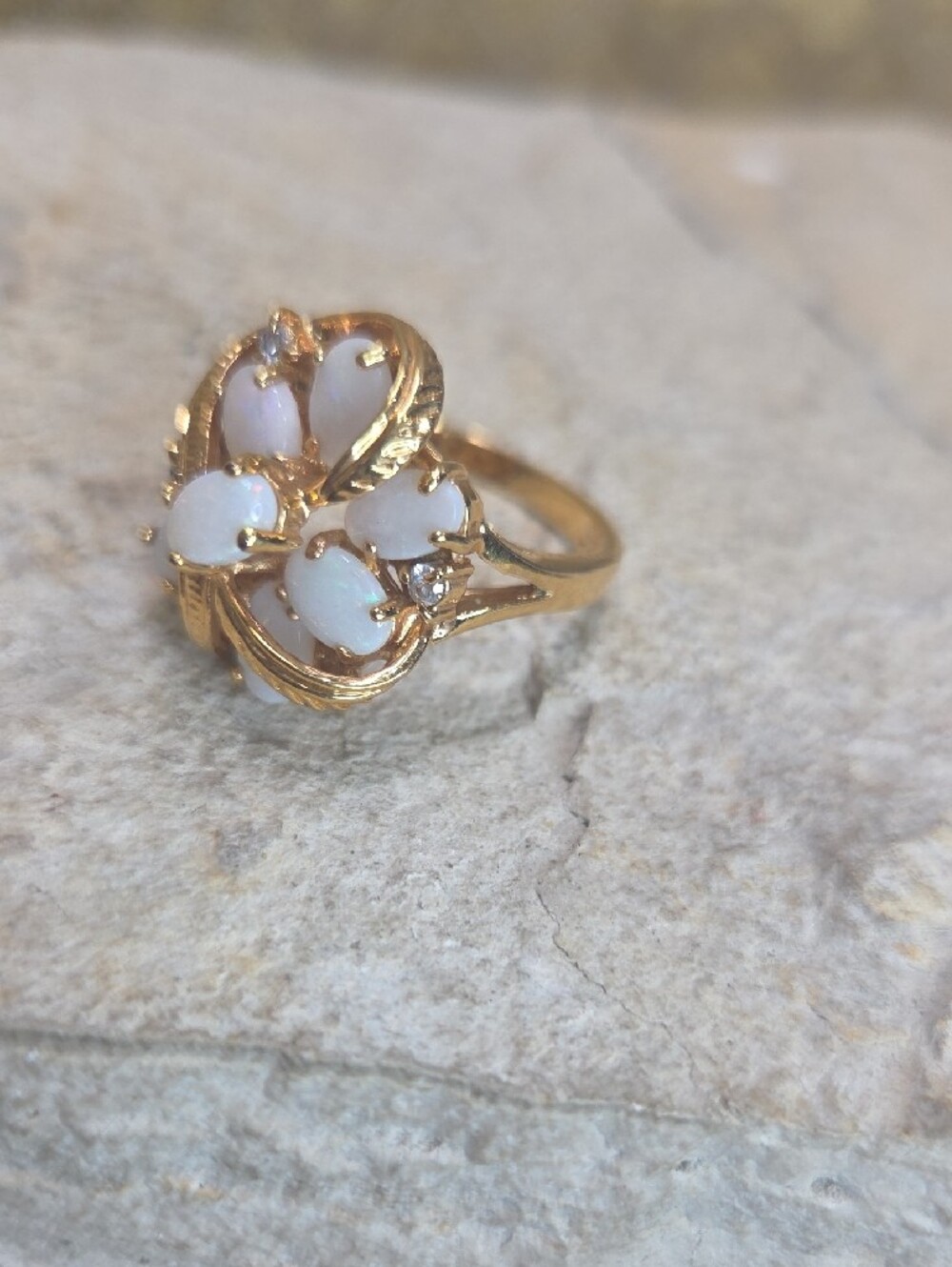 Vintage 12K Gold Filled Opal Cluster Ring - White Opal Floral Design 8 - Picture 6 of 8